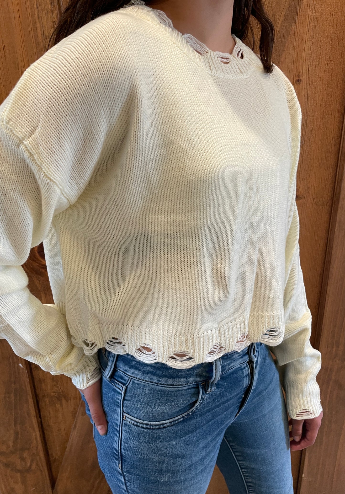 Cream Knit Distressed Detail Long Sleeve Crop Sweater