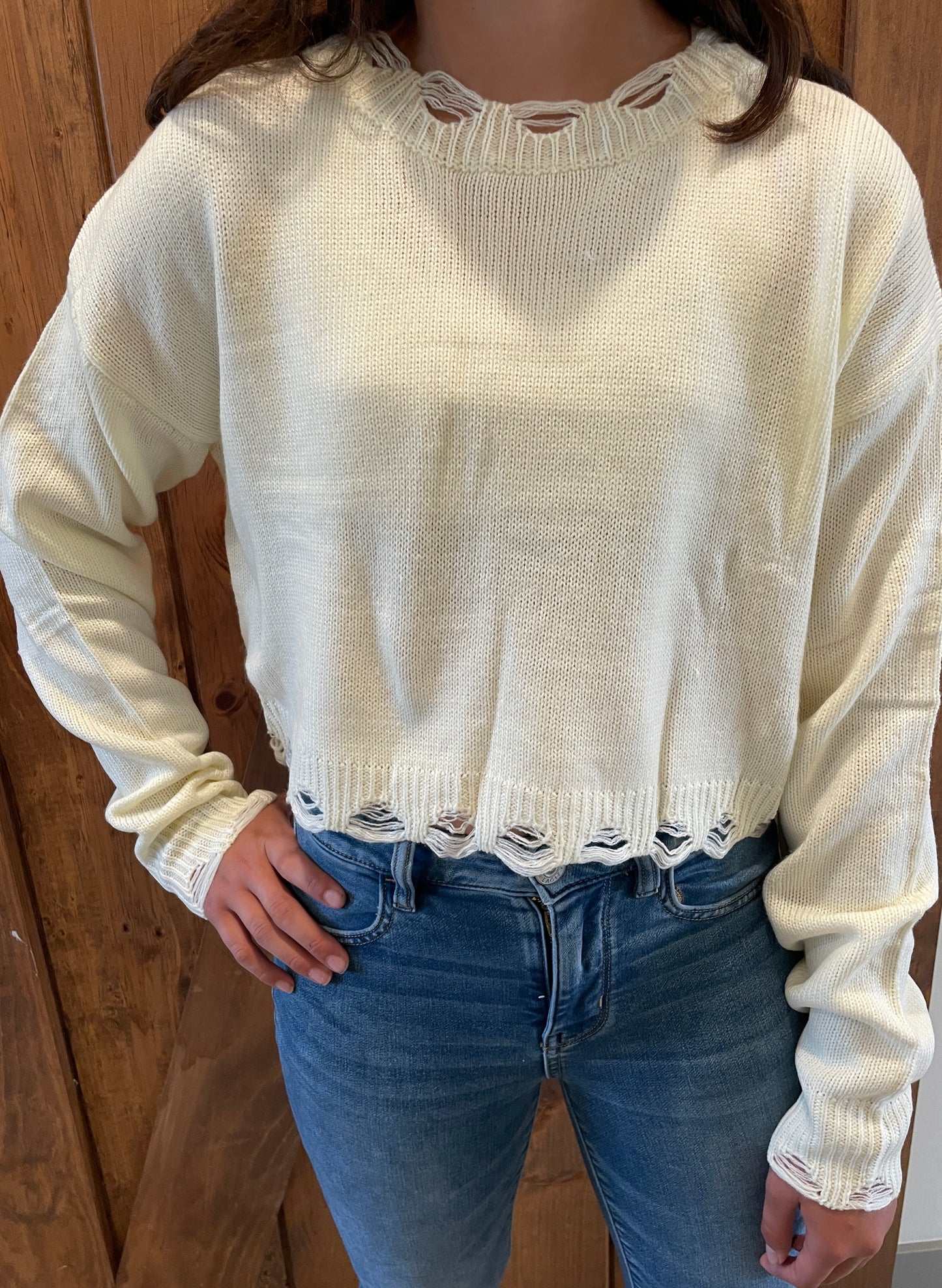 Cream Knit Distressed Detail Long Sleeve Crop Sweater