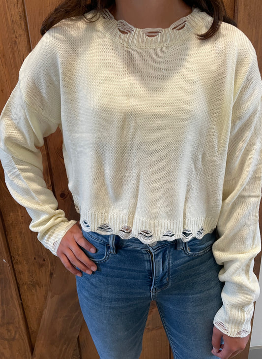 Cream Knit Distressed Detail Long Sleeve Crop Sweater